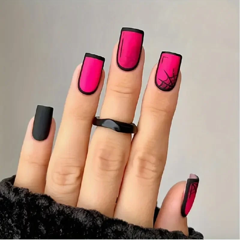 Nail Polish shelf decor-24 Piece Press-on Nails - Spooky Matte Pink/Black