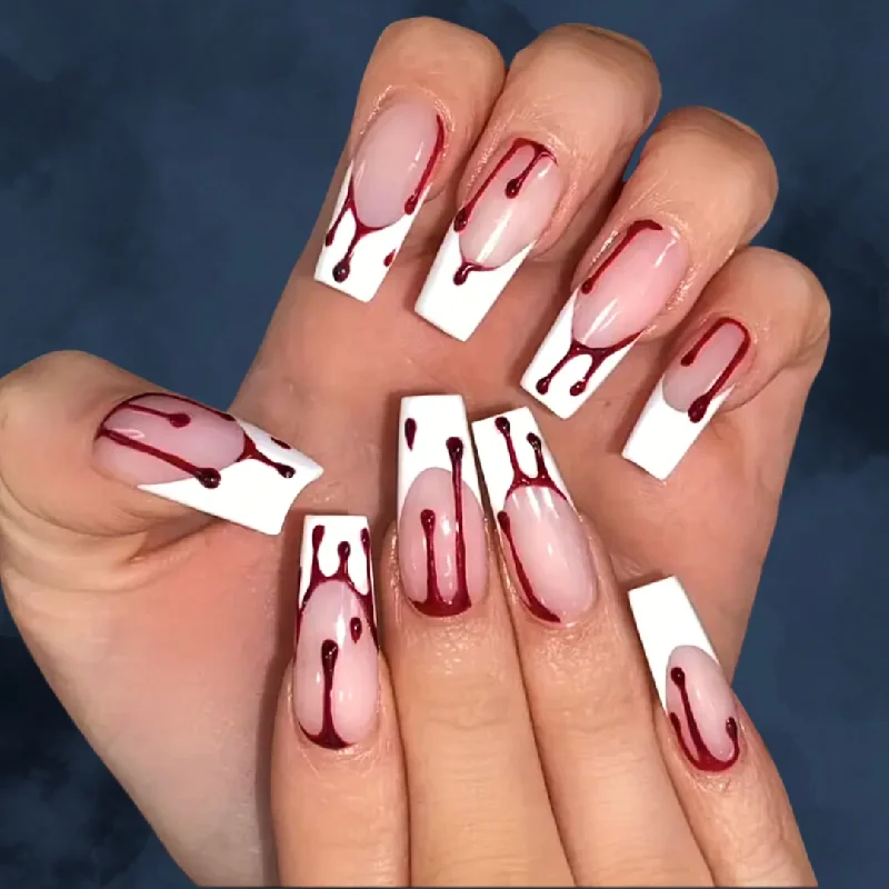 Nail Polish bathroom use-24 Piece Press-on Nails - Blood Dripped French Tips