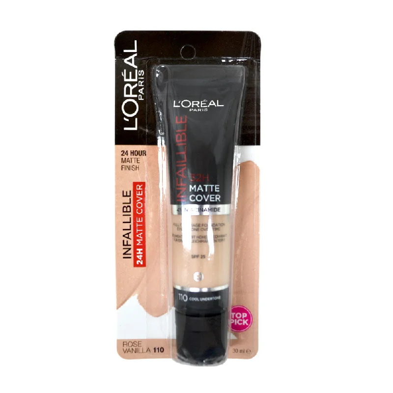 Liquid foundation for oily complexions-L'Oreal Infallible Matte Cover 24Hr Foundation 110 Rose Vanilla 30ml