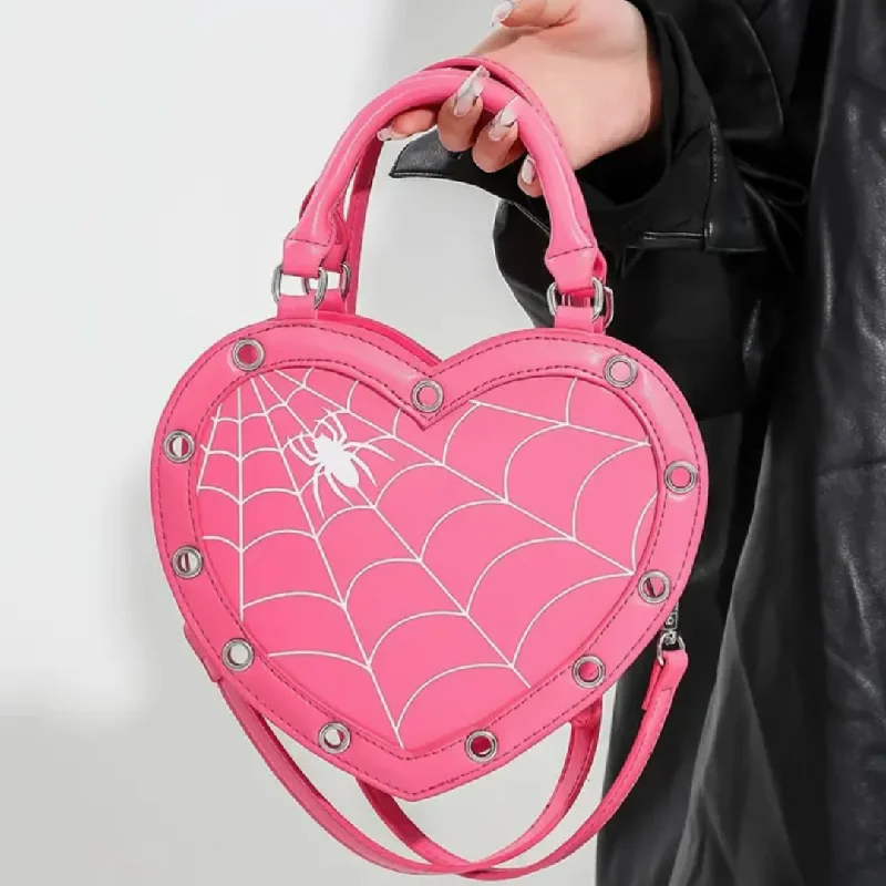 Cosmetic bag portable slots-Pink Heart Shaped Spider Web Bag