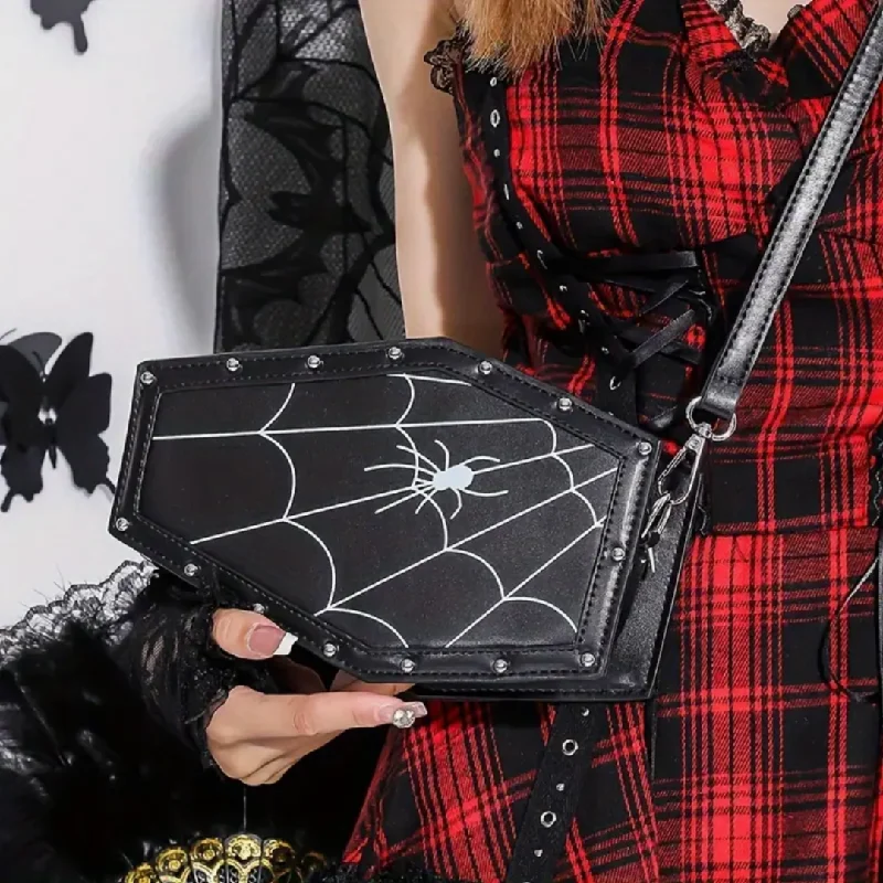 Cosmetic bag with zipper organizer-Spider Coffin Crossbody Bag