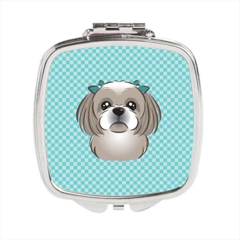 Mirror under 50 dollars-Carolines Treasures BB1188SCM Checkerboard Blue Gray Silver Shih Tzu Compact Mirror, 2.75 x 3 x .3 In.