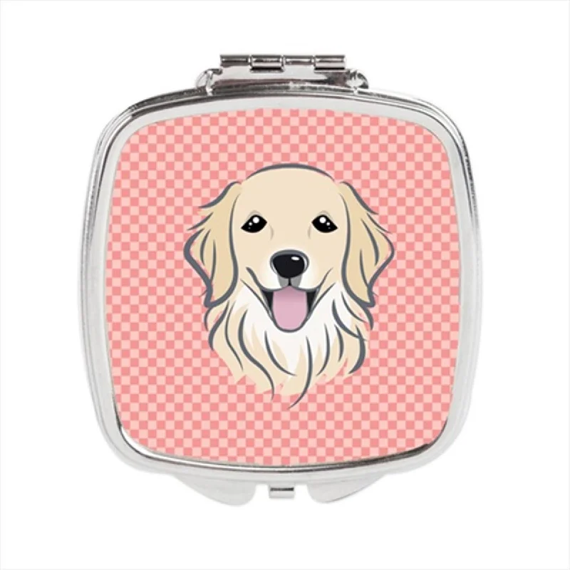 Mirror near me-Carolines Treasures BB1205SCM Checkerboard Pink Golden Retriever Compact Mirror, 2.75 x 3 x .3 In.