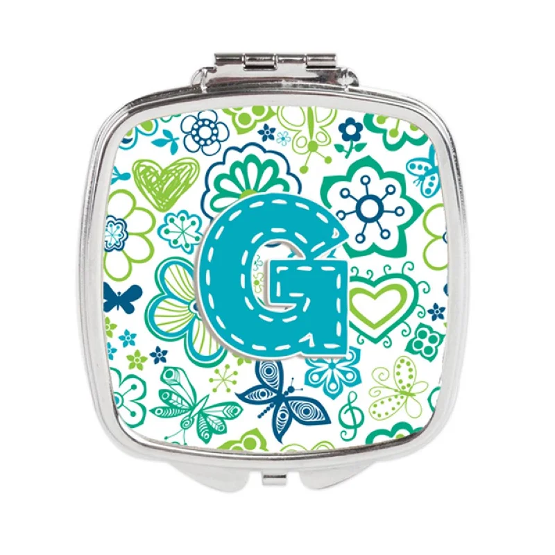 Mirror for wall-Carolines Treasures CJ2006-GSCM Letter G Flowers & Butterflies Teal Blue Compact Mirror