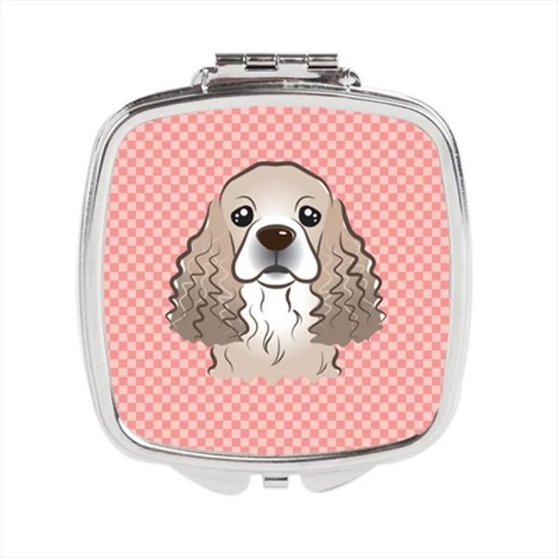 Mirror for bed-Checkerboard Pink Cocker Spaniel Compact Mirror, 2.75 x 3 x .3 In.