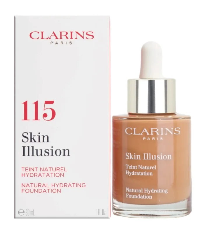 Liquid foundation with dewy texture-Clarins Skin Illusion Natural Hydrating Foundation 115 Cognac 1 OZ