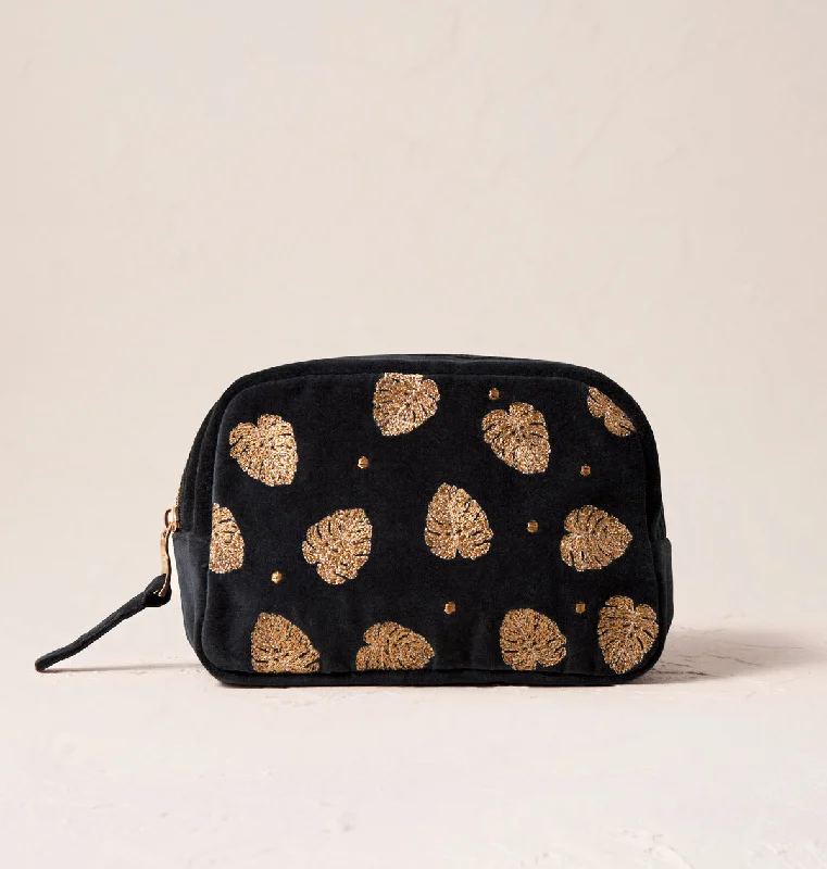 Cosmetic bag portable leather-Gold Jungle Leaf Makeup Bag