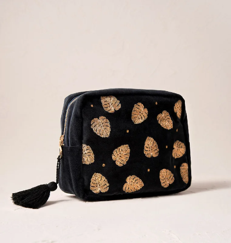 Cosmetic bag with elastic leather-Gold Jungle Leaf Wash Bag