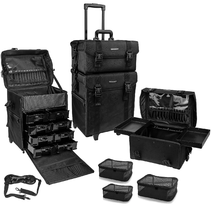 Cosmetic bag waterproof slots-Soft Makeup Artist Rolling Trolley Cosmetic Case with Free Set of Mesh Bag